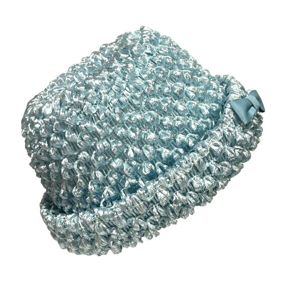 Blue straw hat with bow bowler style upturned rim union label mid century church - Picture 5 of 9